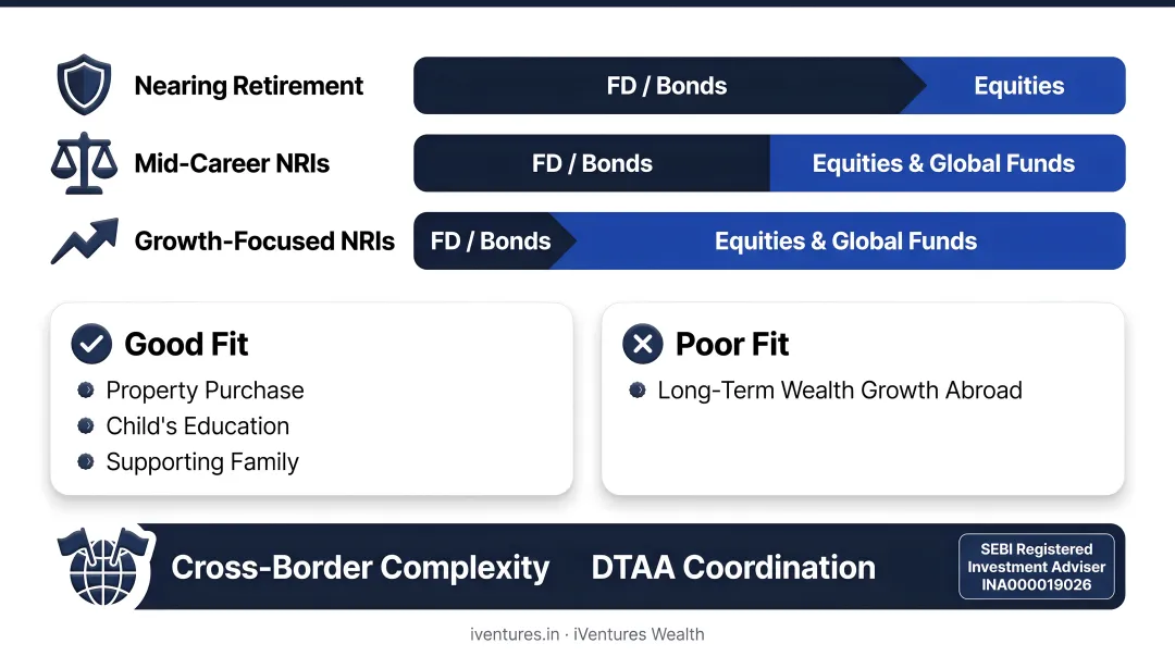 NRE FD portfolio allocation strategy across conservative mid-career and growth-focused NRI investors