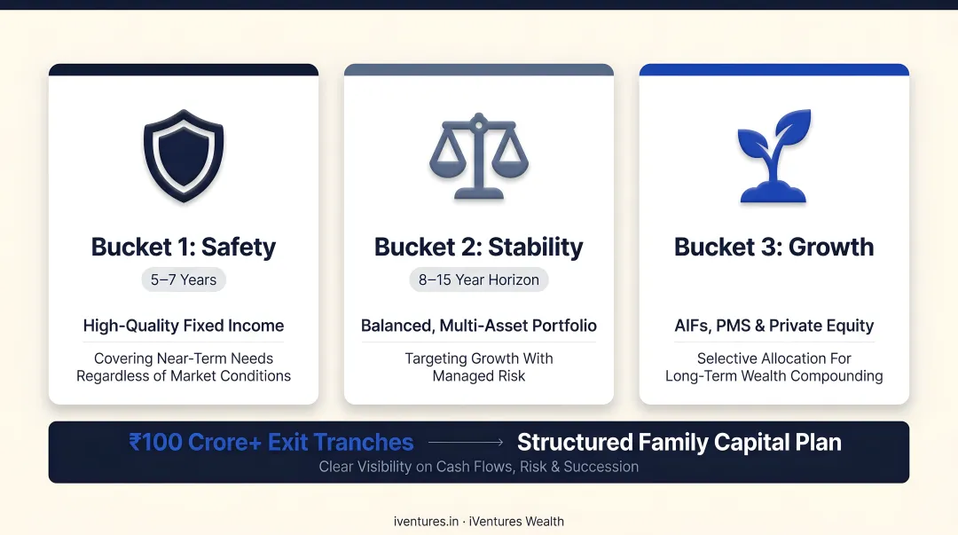 Three-bucket post-exit capital framework safety stability and growth allocation