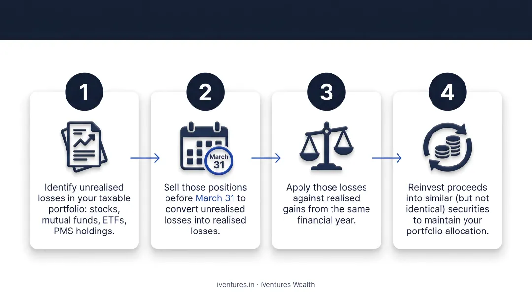 4-step tax-loss harvesting process flow from identification to reinvestment