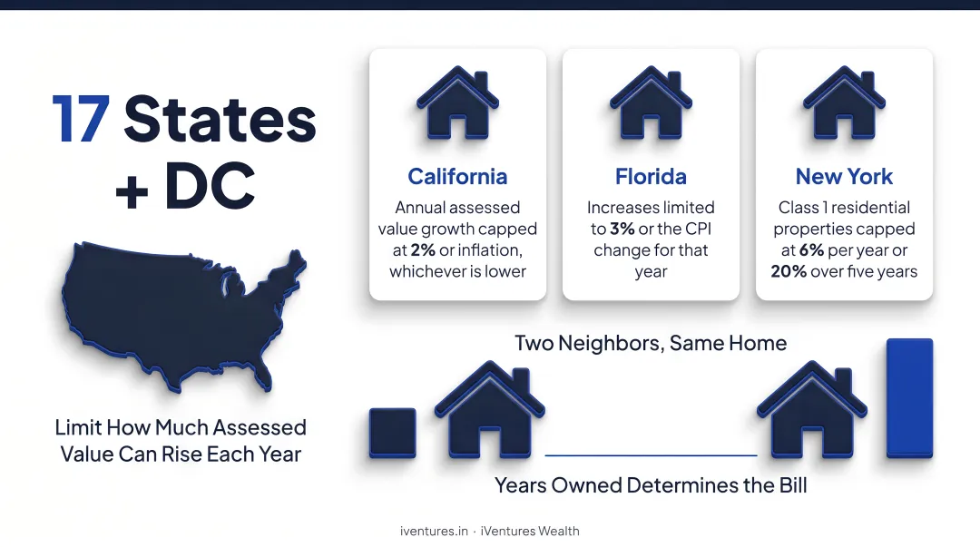 Property tax assessment cap comparison California Florida New York annual limits