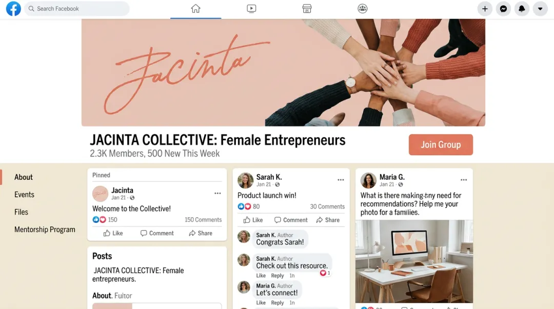 Branded Facebook Group community page showing engaged members and active posts