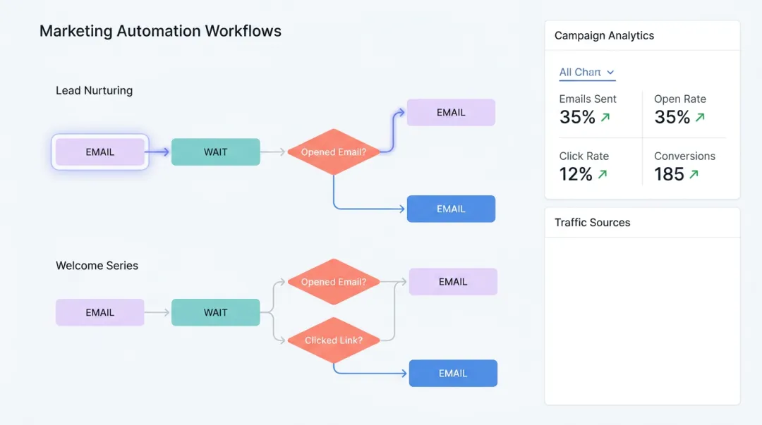 Email marketing automation platform dashboard showing nurture sequence workflow and metrics