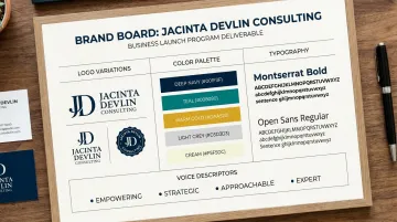 Brand Board template showing logo colors typography and voice guidelines for personal brand