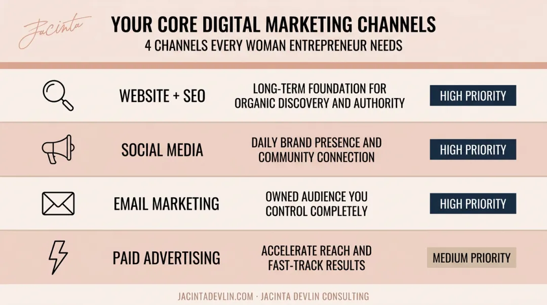 Four digital marketing channels comparison table for women-owned online businesses