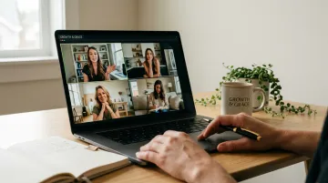 Diverse group of women entrepreneurs collaborating in online coaching community accountability session