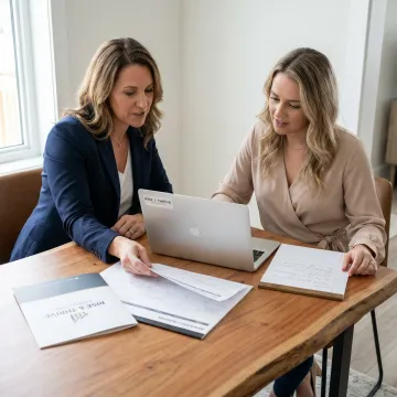 Coach guiding woman entrepreneur through sales plan
