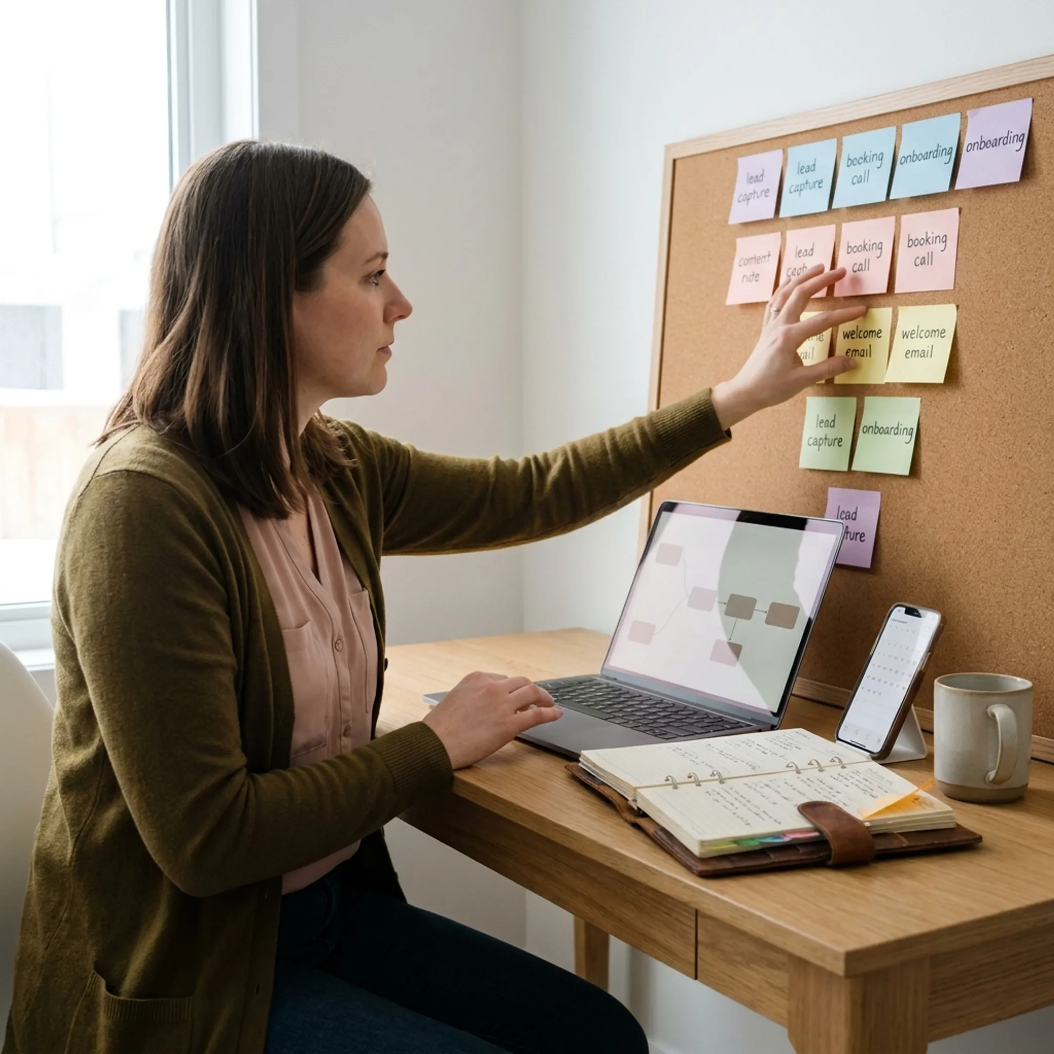 Health coach reviewing an automated sales funnel and email workflow on a laptop