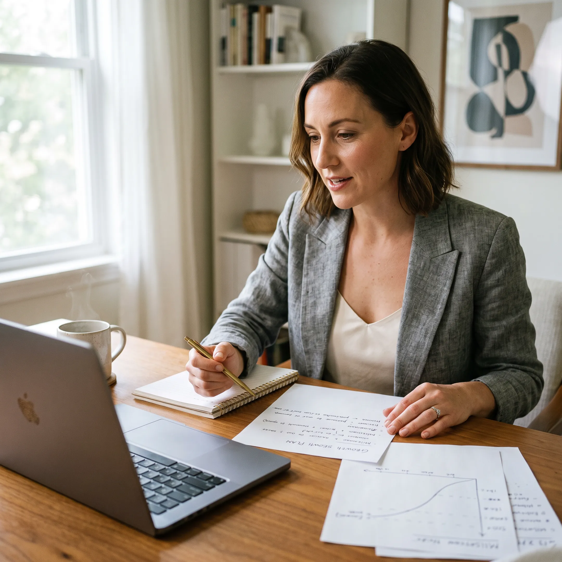 Woman franchise owner reviewing business growth strategy with a female coach during a virtual consultation