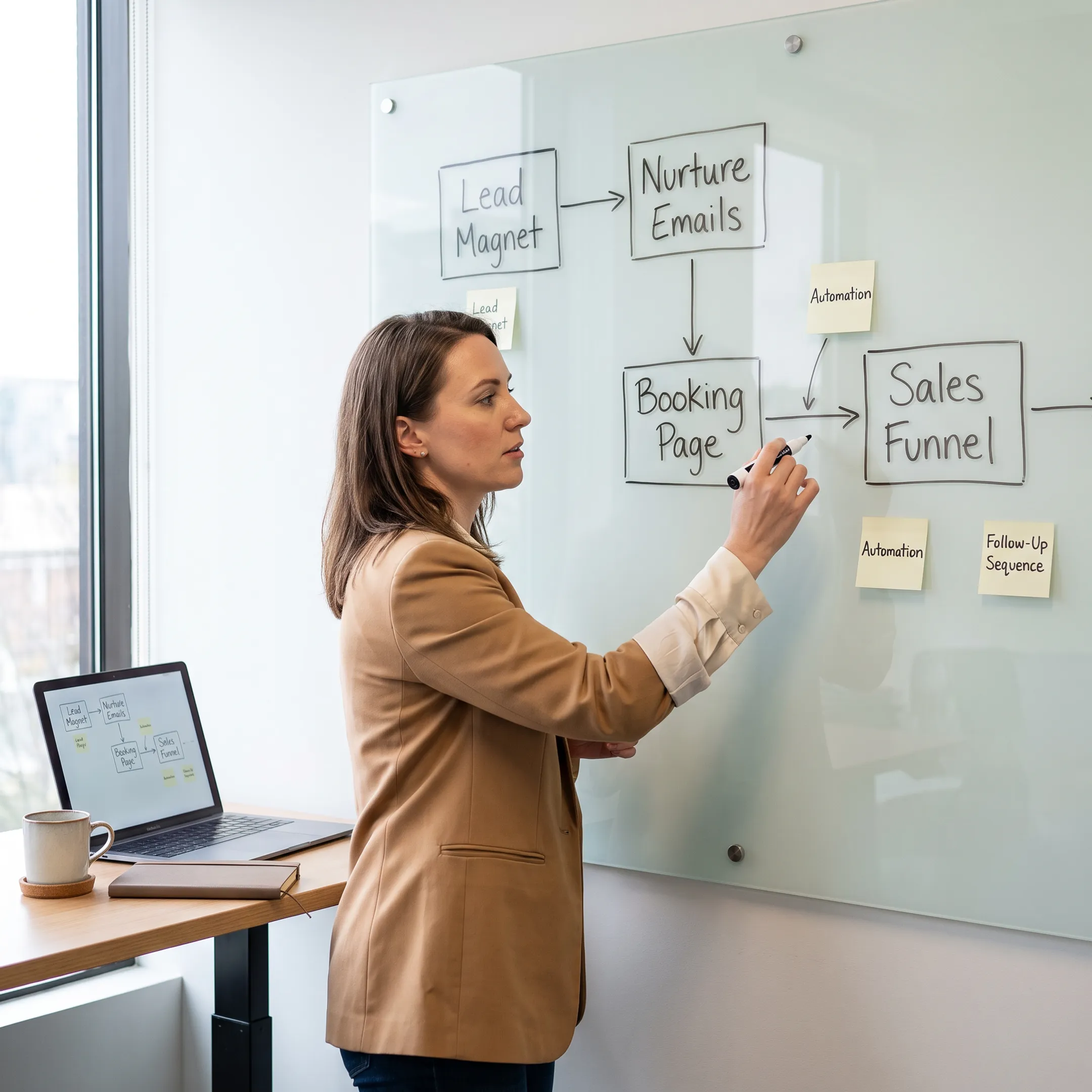 Marketing strategist mapping an automated email and sales funnel system for a health coach