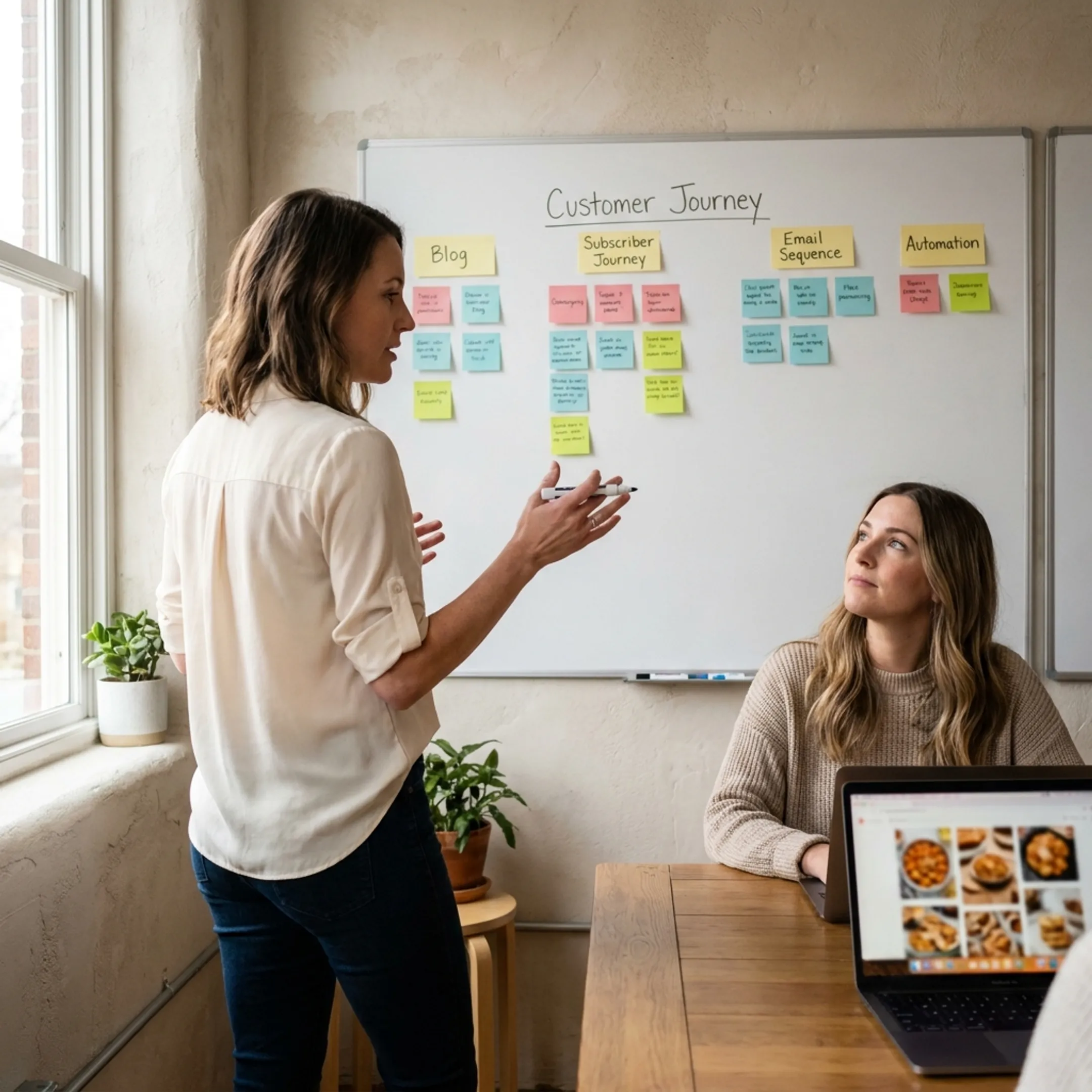 Consultant mapping a food blog marketing automation system