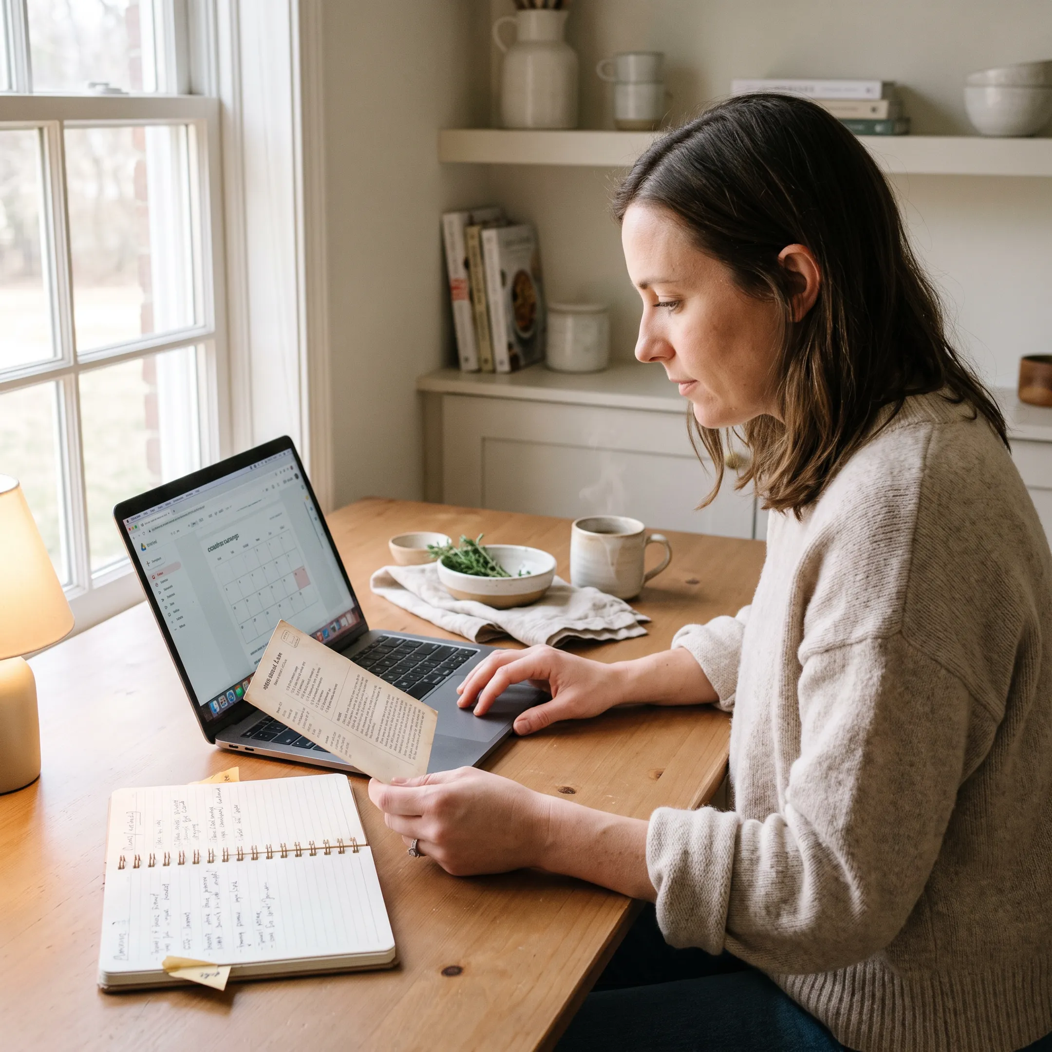 Food blogger reviewing email automation and content strategy on a laptop