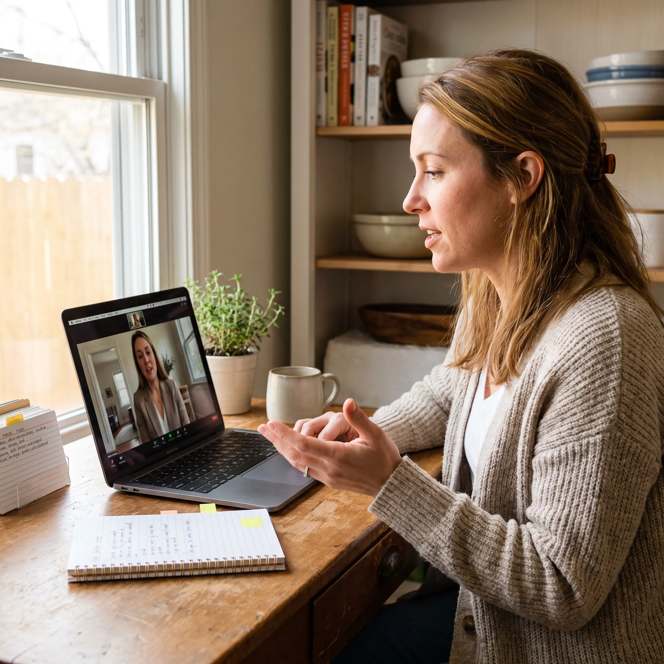 Business coach advising a woman food blogger during a virtual session