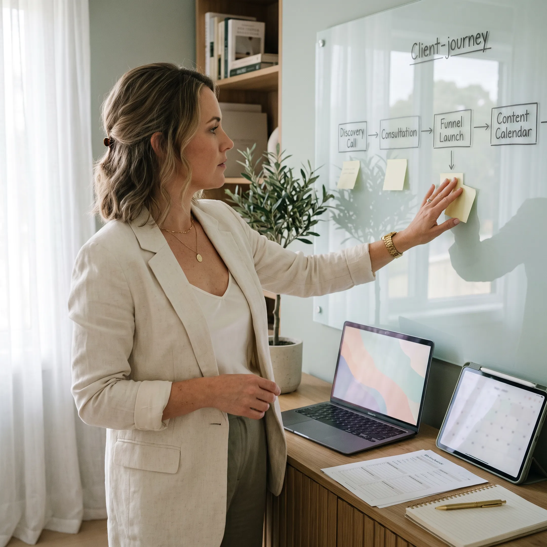 Marketing strategist mapping automated email and booking journey for personal stylist