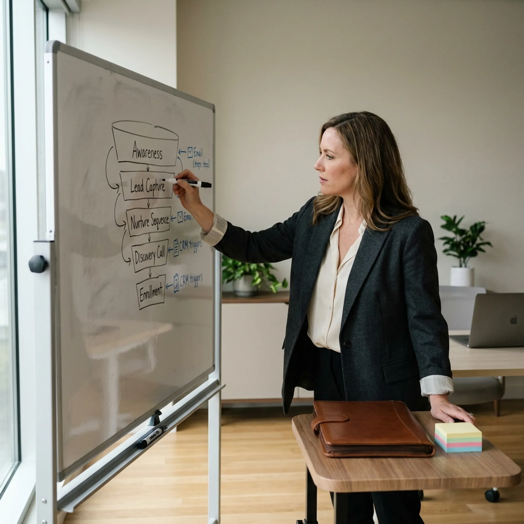 Consultant mapping automated customer journey for franchise marketing
