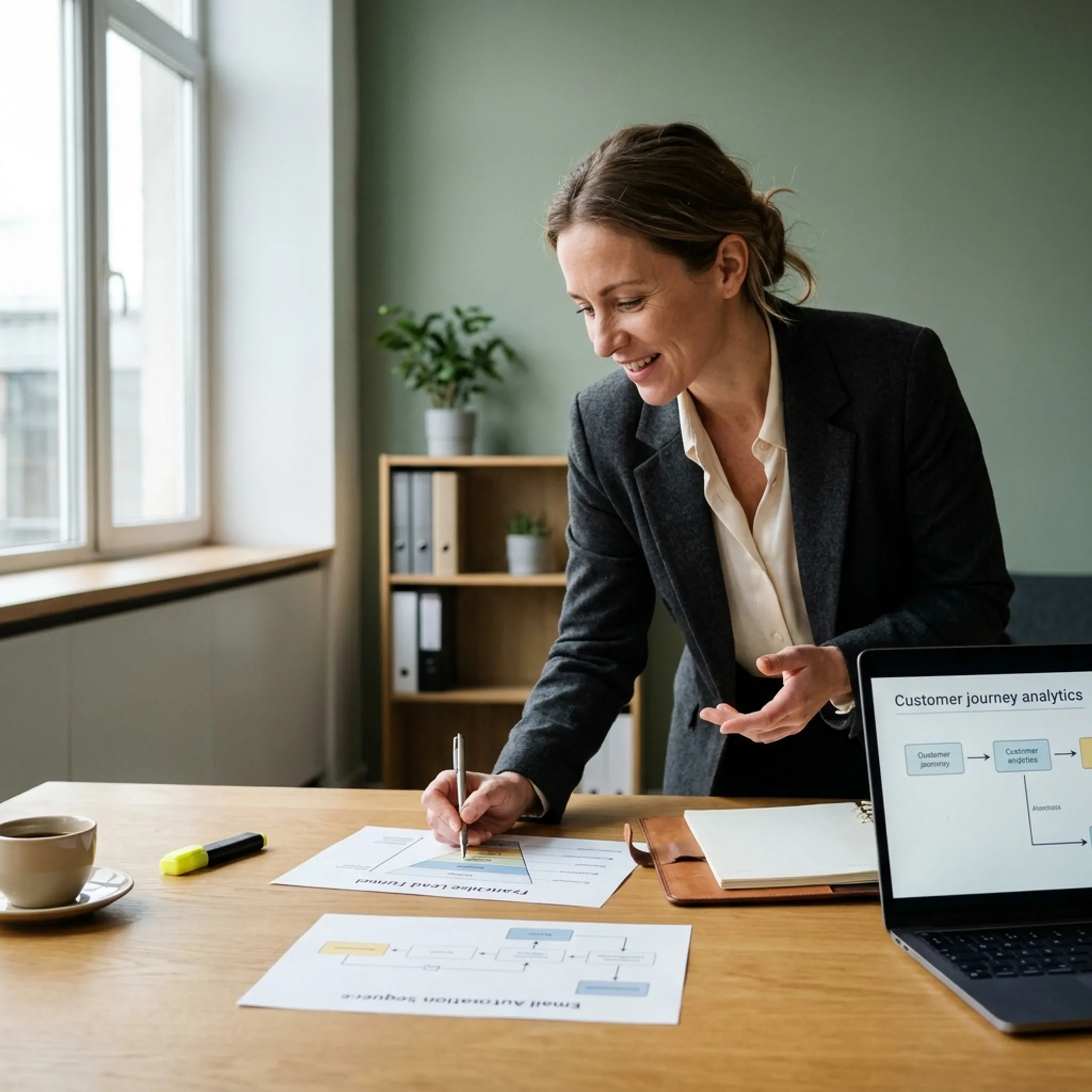 Marketing strategist reviewing automated franchise lead funnel on laptop