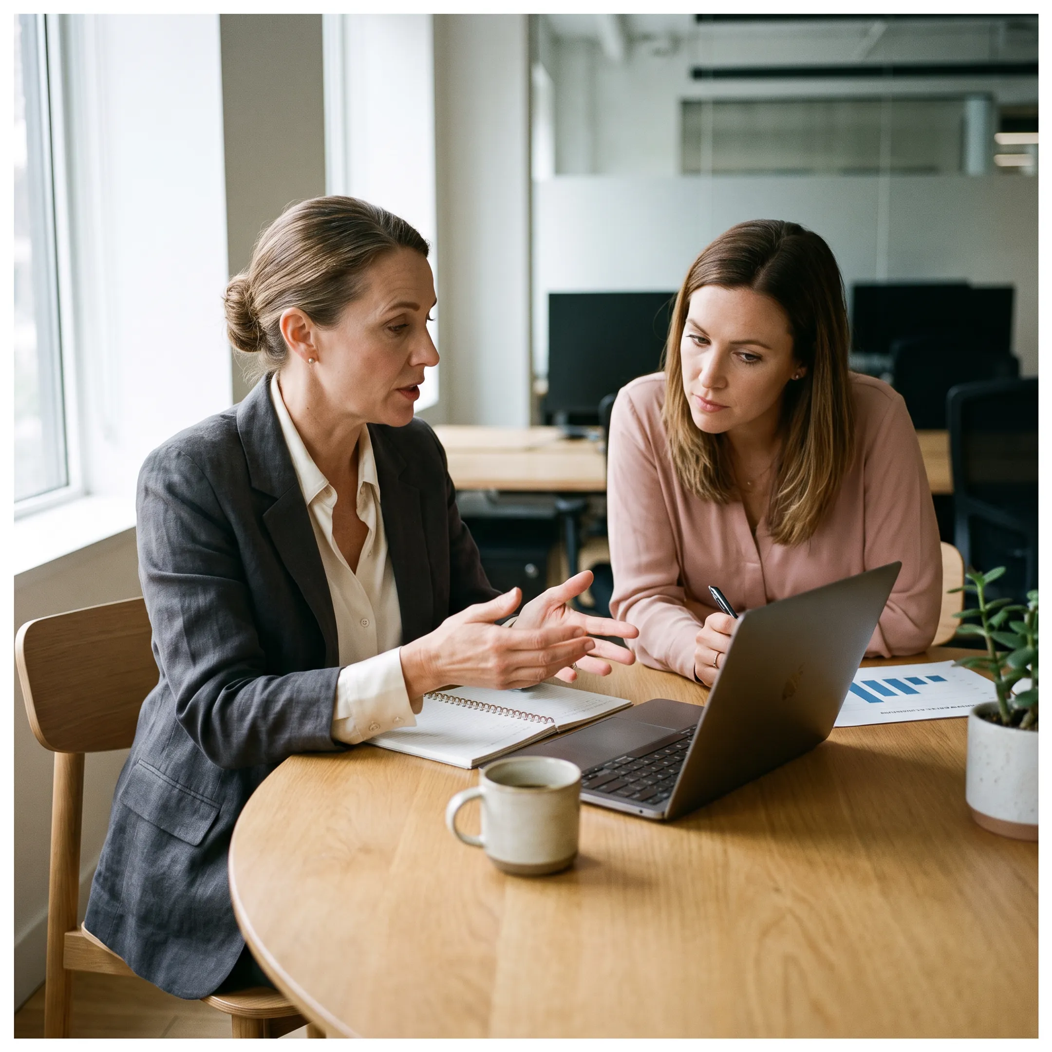 Female business coach advising a woman franchise owner on growth strategy