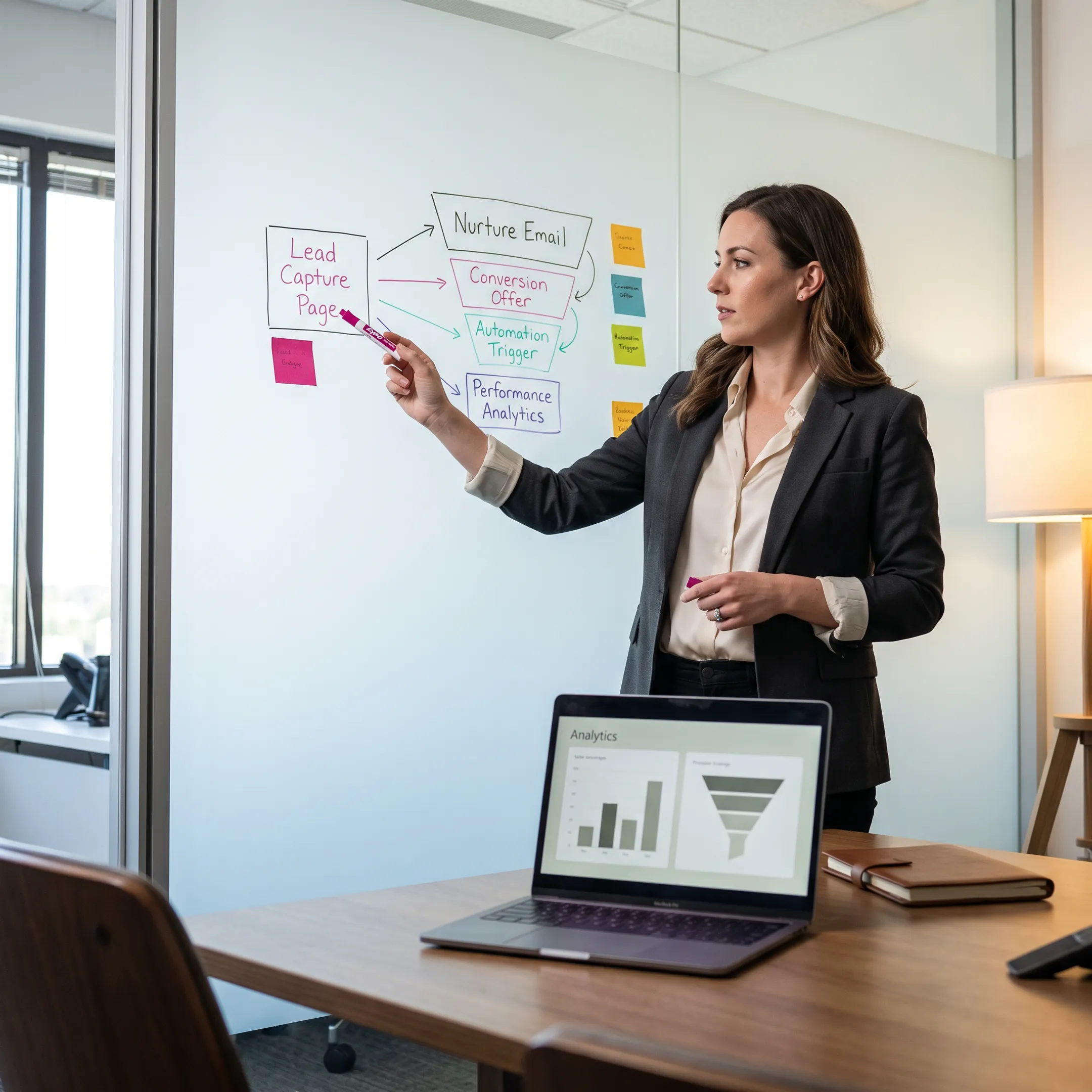 Marketing strategist mapping a sales funnel with landing pages and automated email steps