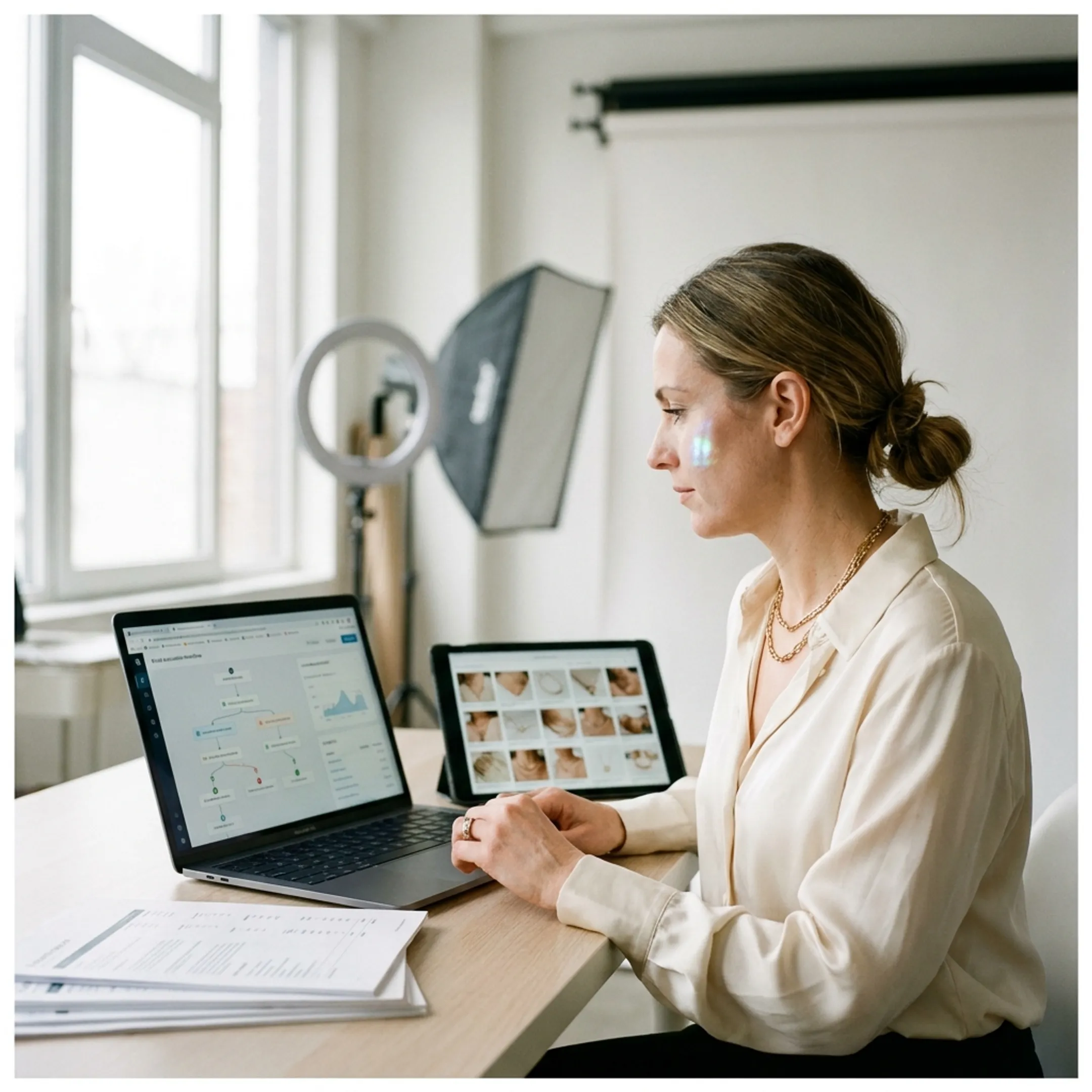 Marketing strategist reviewing an automated jewelry brand email campaign on a laptop