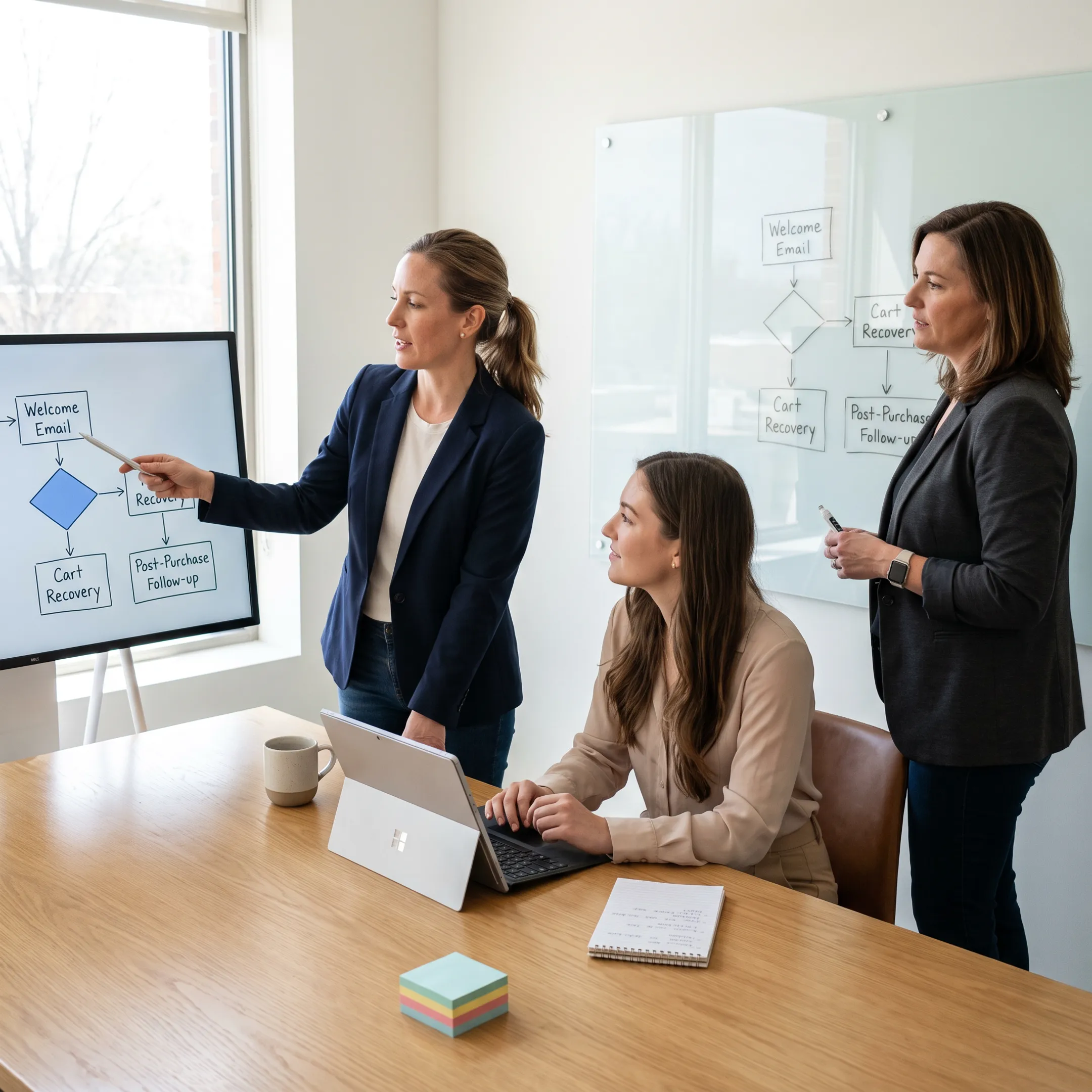 Marketing strategist planning automated email sequences for an online boutique