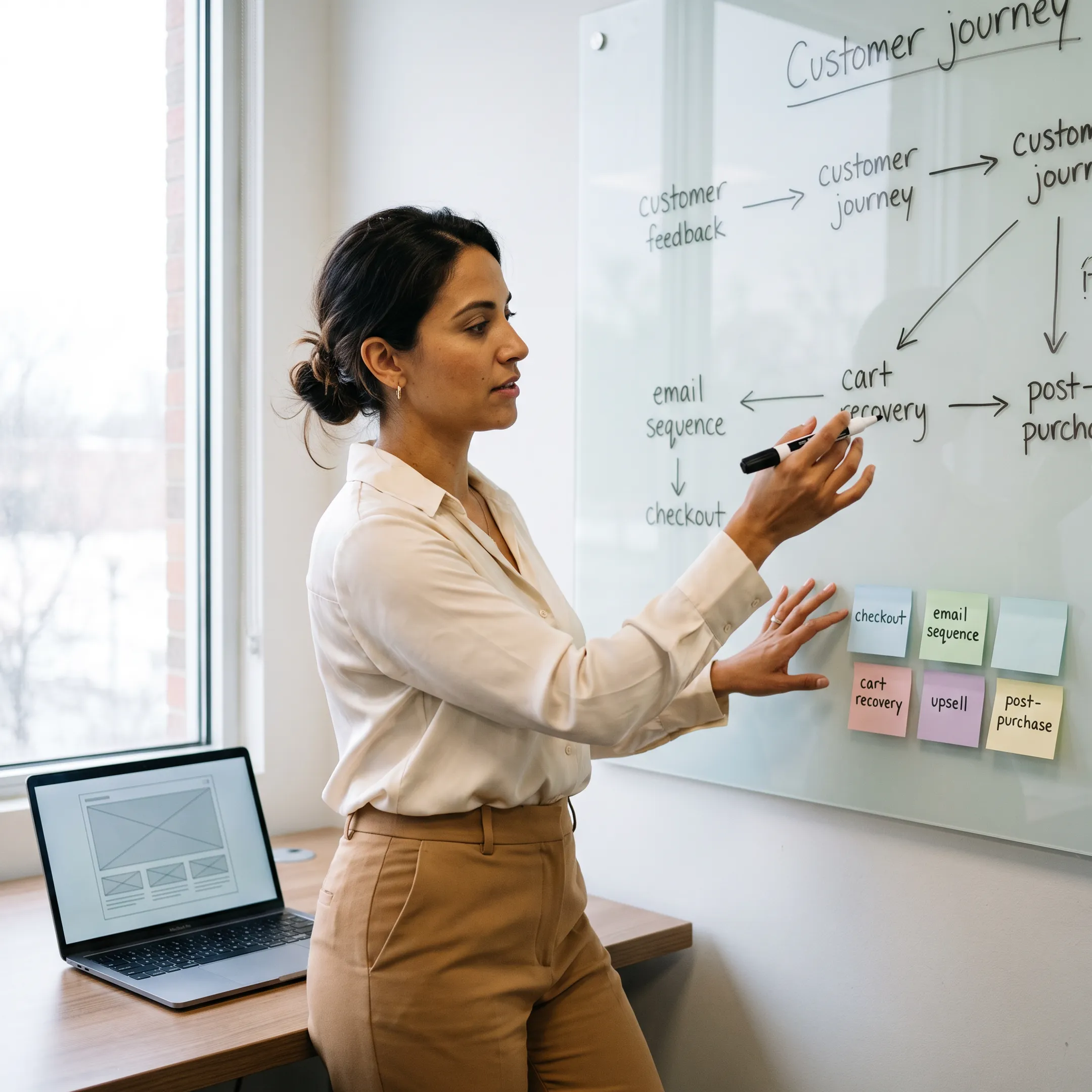 Marketing strategist mapping a boutique sales funnel with email and checkout automation