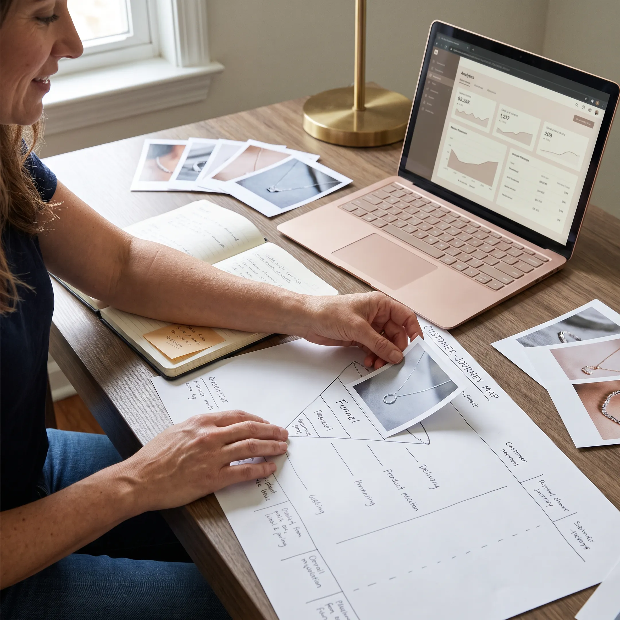 Strategist mapping a jewelry sales funnel with product photos and email sequence notes