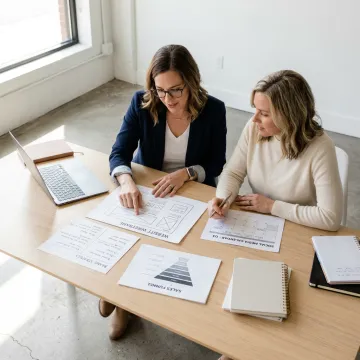 Brand strategist reviewing launch plan with entrepreneur