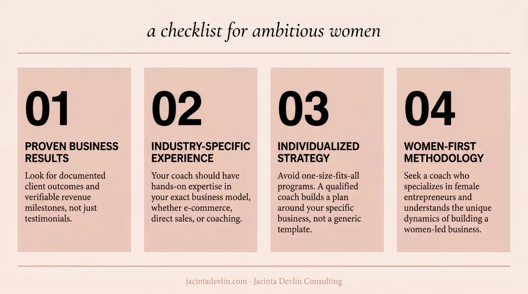 Four criteria checklist for hiring a qualified business development coach for women