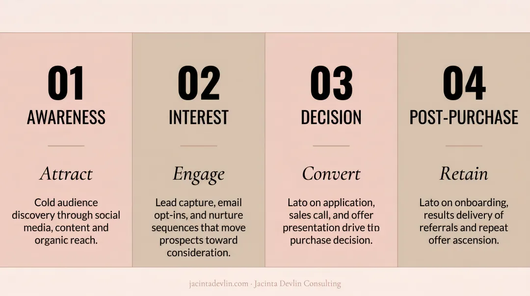 Four-stage ecommerce sales funnel flow from awareness to post-purchase