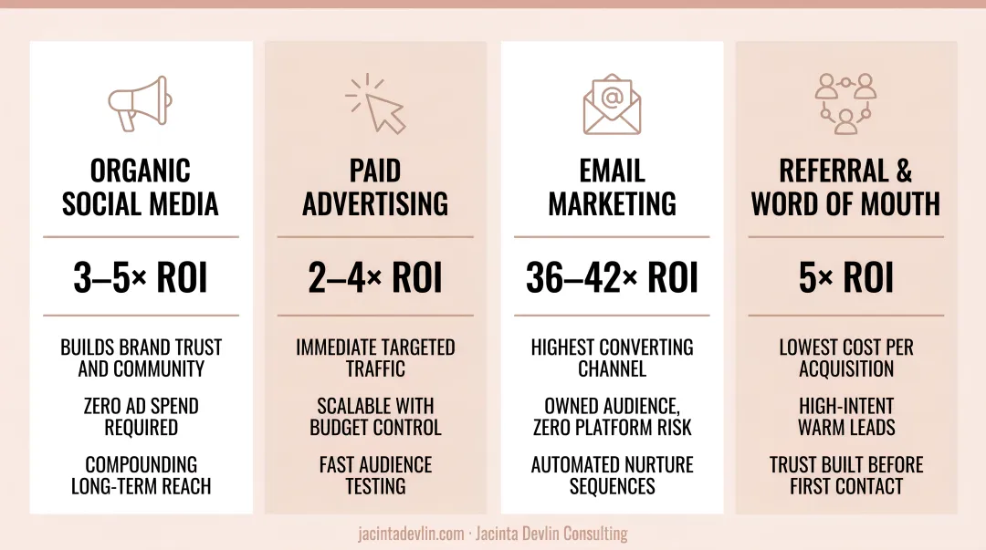 Four D2C traffic sources comparison with ROI and key benefits breakdown