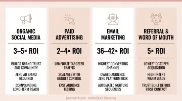 Four D2C traffic sources comparison with ROI and key benefits breakdown