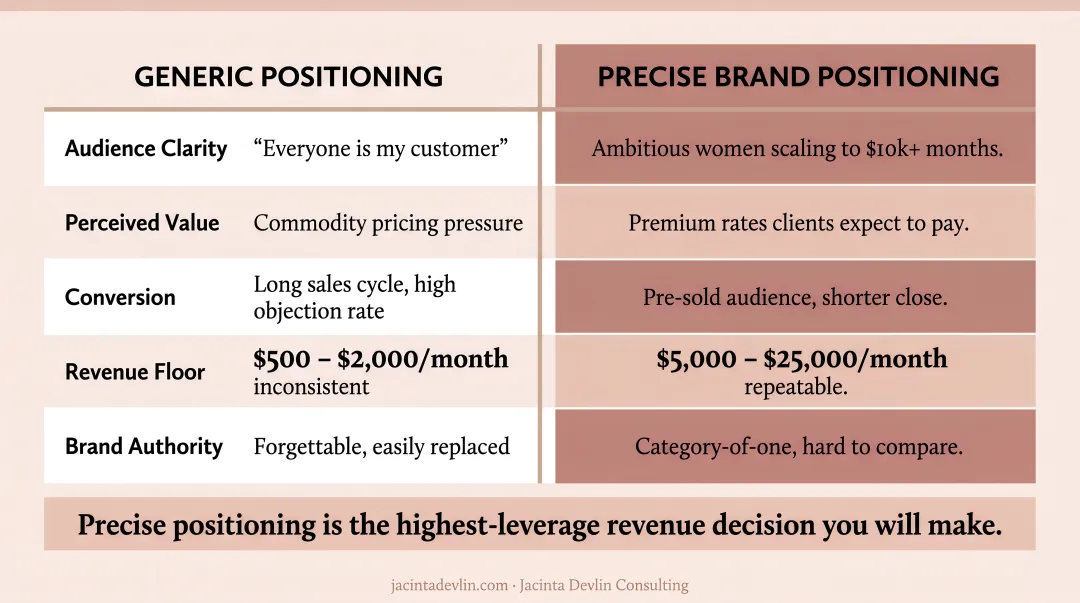Generic versus precise brand positioning revenue impact comparison infographic for founders