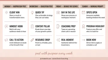 Weekly spa social media content calendar with four post types and booking focus