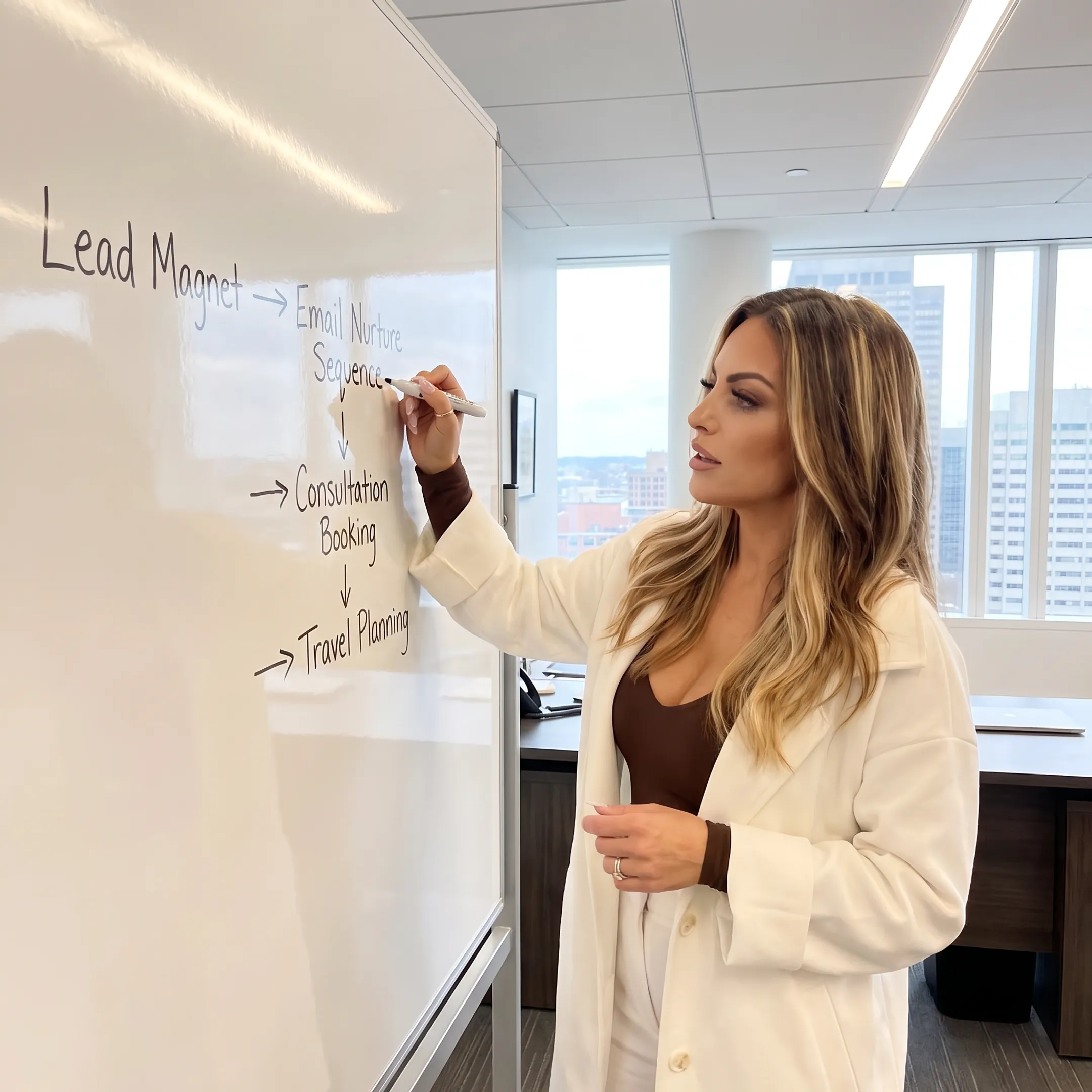 Travel advisor planning an automated client journey from inquiry to consultation