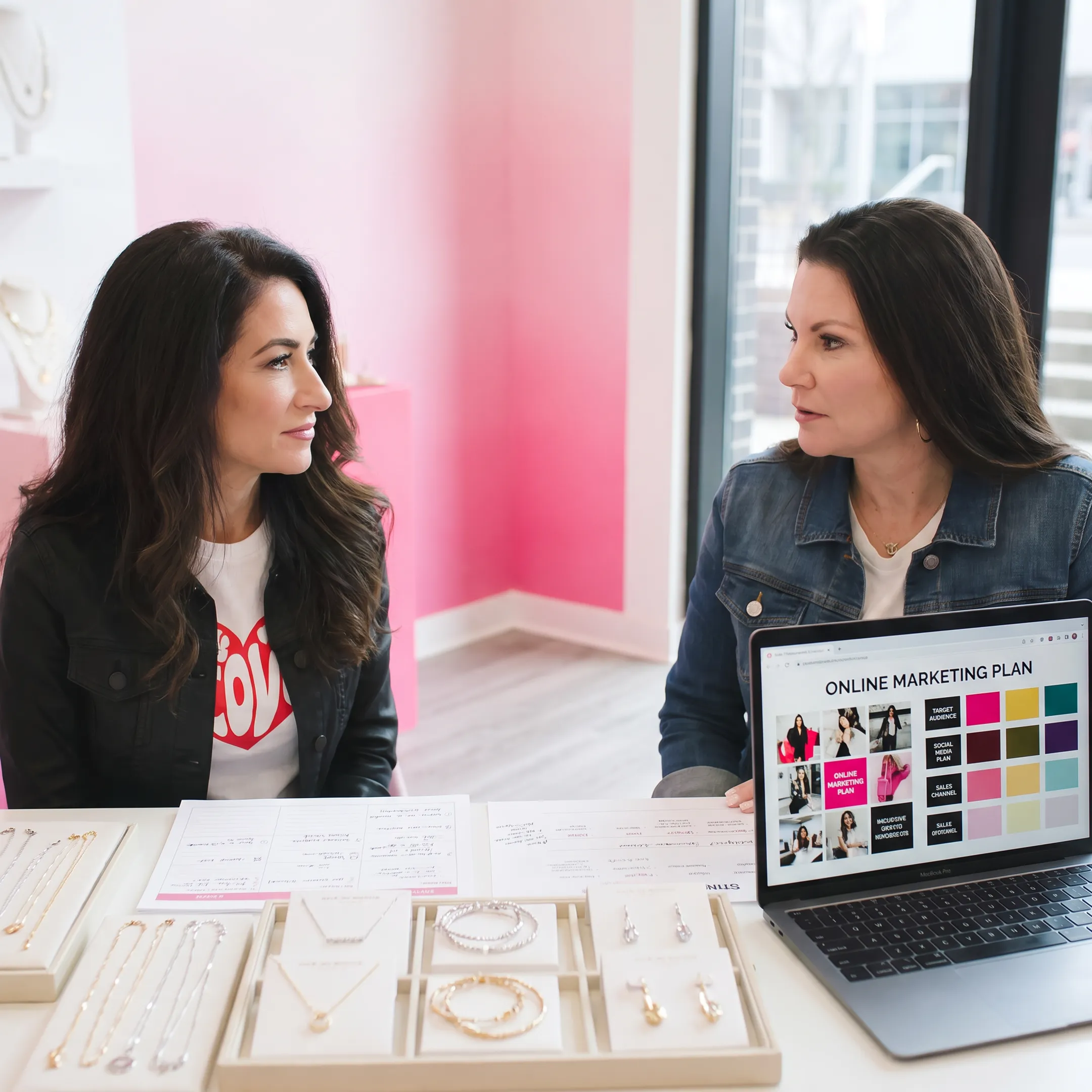 Business coach advising a jewelry brand owner during a strategy session