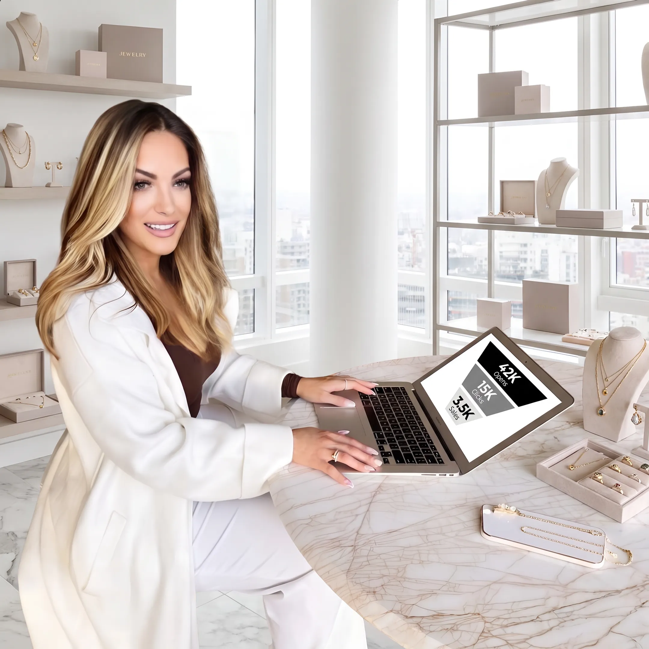 Jewelry brand owner reviewing an automated sales funnel on a laptop beside product displays