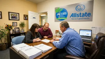 Jacobs Family Insurance agent reviewing condo policy documents with client in Santa Fe office