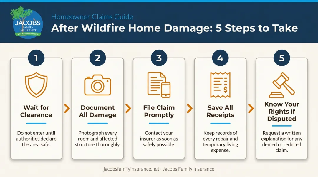 5-step wildfire claims process from safety clearance to dispute resolution infographic