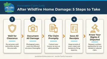 5-step wildfire claims process from safety clearance to dispute resolution infographic