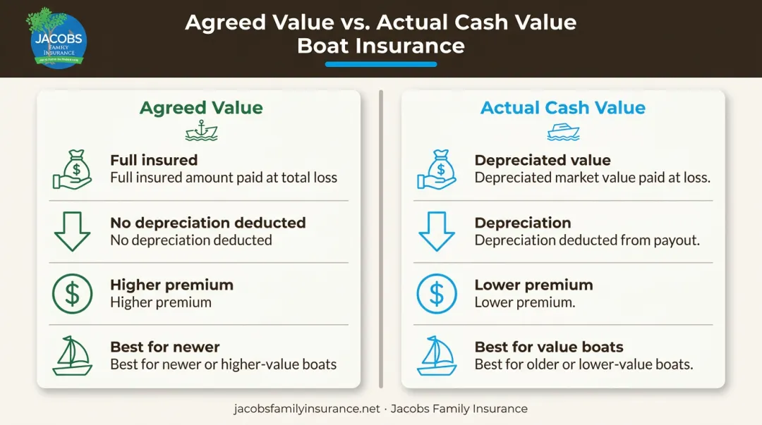 Agreed value versus actual cash value boat insurance comparison chart with key differences