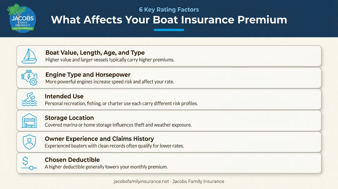Six key factors that affect boat insurance premium cost breakdown infographic