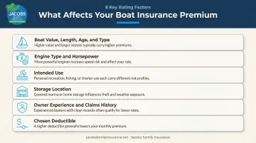Six key factors that affect boat insurance premium cost breakdown infographic