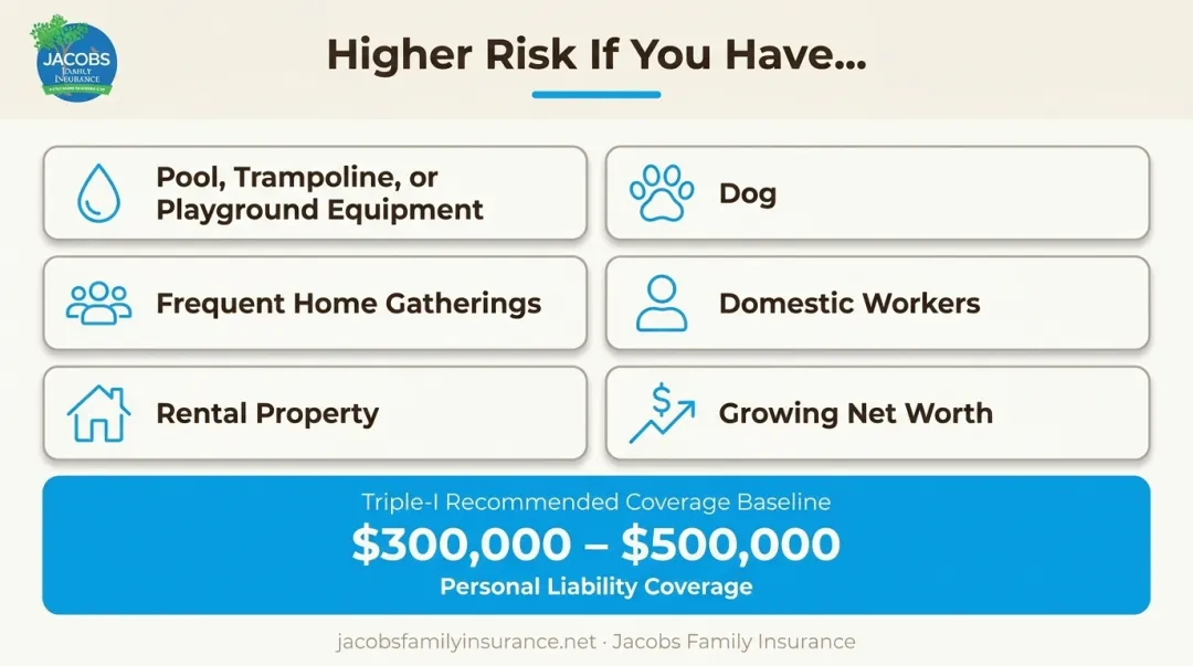 Personal liability coverage risk factors checklist and recommended coverage limits infographic