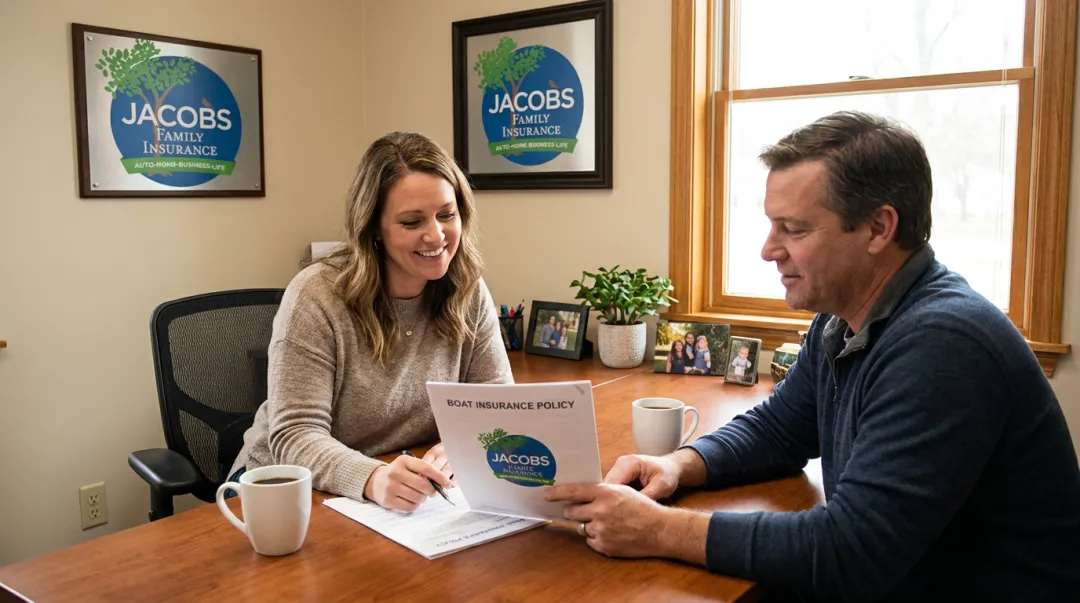 Jacobs Family Insurance agent reviewing boat insurance policy with client