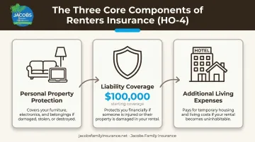 3-part renters insurance policy structure covering property liability and living expenses