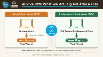 Actual cash value versus replacement cost value payout difference comparison infographic