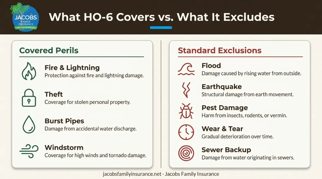 HO-6 standard exclusions list versus covered perils comparison infographic