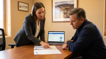 Insurance agent reviewing bundled auto and motorcycle policy documents with client