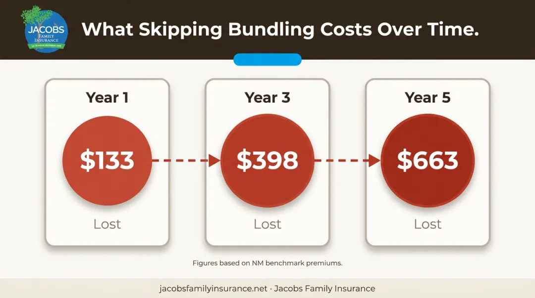 Cost of skipping motorcycle and car insurance bundling over one three and five years