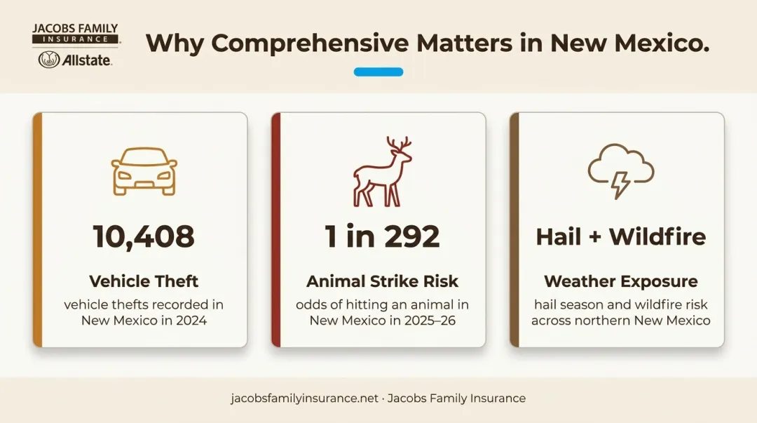 New Mexico comprehensive coverage risk factors vehicle theft wildlife and hail statistics