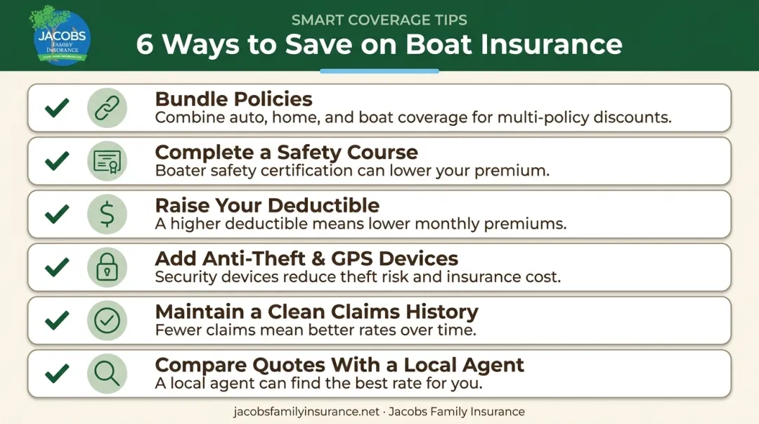 Six ways to lower boat insurance premiums checklist infographic